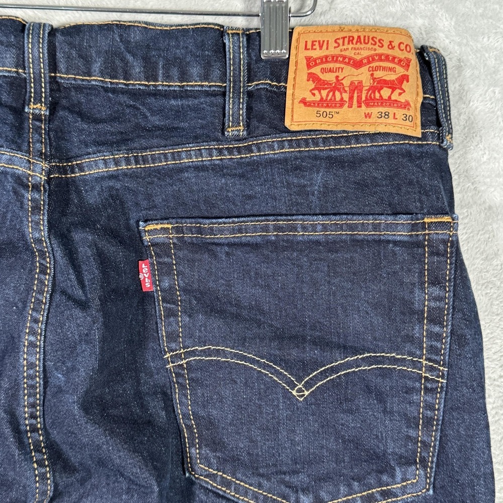 Levis 505 Jeans Mens 38x30 Blue Straight Leg Stretch Denim Dark Wash Casual - Picture 10 of 14